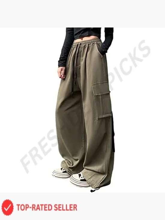 Wide Leg Cargo Pants Y2K Streetwear Baggy High Waist Drawstring Casual Pants - Picture 5 of 7